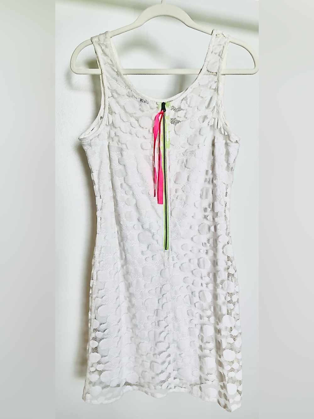 Volcom White Lace Dress L 14 Fall Bridal Shower Bachelorette Neon Pop Back Zip